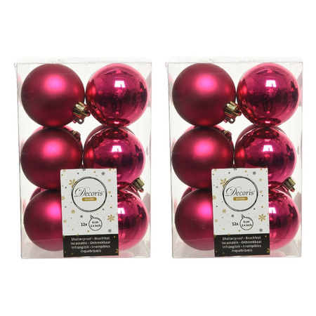 24x Kunststof kerstballen glanzend/mat bessen roze 6 cm kerstboom versiering/decoratie