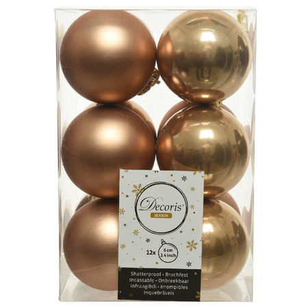 24x Kunststof kerstballen glanzend/mat camel bruin 6 cm kerstboom versiering/decoratie
