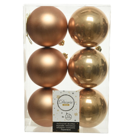 24x Kunststof kerstballen glanzend/mat camel bruin 8 cm kerstboom versiering/decoratie
