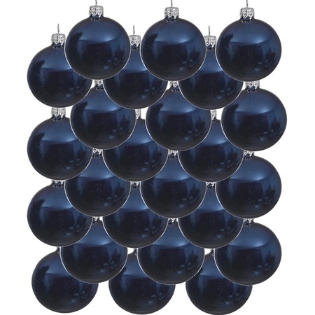 24x Glazen kerstballen glans donkerblauw 8 cm kerstboom versiering/decoratie