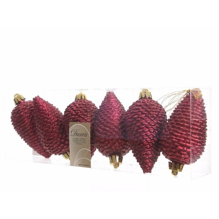 24x Dark red pinecones Christmas baubles 8 cm plastic glitter