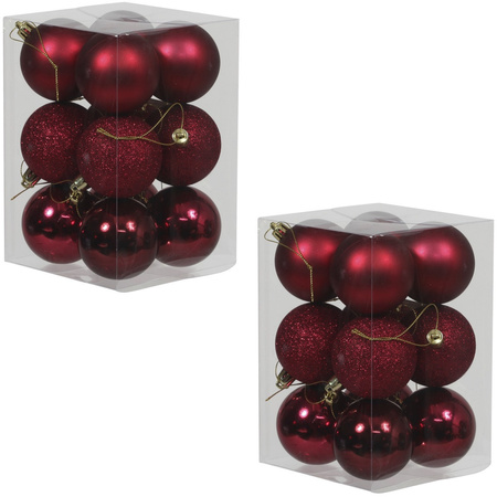 24x Dark Red Christmas baubles shiny/matt/glitter 6 cm plastic 