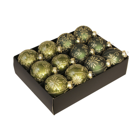 24x Glazen gedecoreerde donkergroen met gouden kerstballen 7,5 cm
