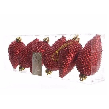 24x Christmas red pinecones christmas baubles 8 cm plastic glitter