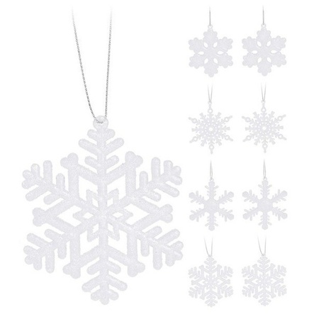 24x Kersthangers figuurtjes witte sneeuwvlok/ster 10 cm glitter