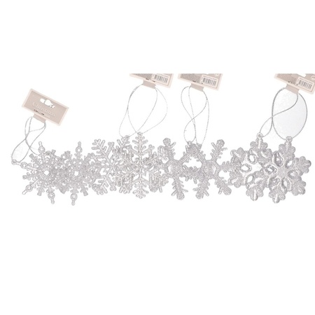 24x Kersthangers figuurtjes witte sneeuwvlok/ster 10 cm glitter