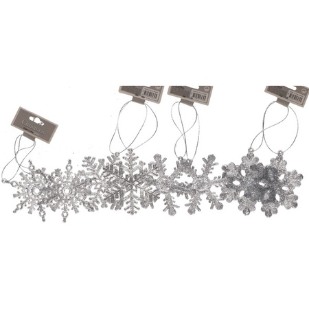 24x Kersthangers figuurtjes zilver sneeuwvlok/ster 10 cm glitter