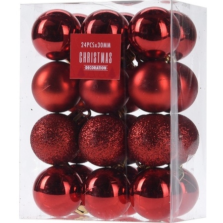 24x Glans/mat/glitter kerstballen rood 3 cm kunststof kerstboom versiering/decoratie