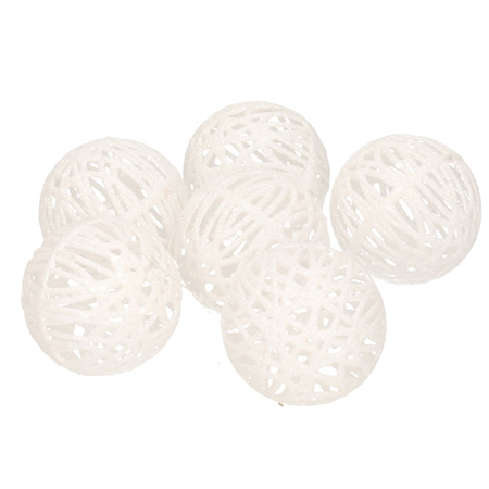 24x Rattan christmas baubles white with glitter 5 cm tree decoration
