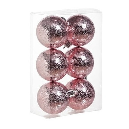 24x Kunststof kerstballen cirkel motief roze 6 cm kerstboom versiering/decoratie