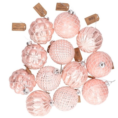 24x Pink glass Christmas balls with golden decoration 8 cm