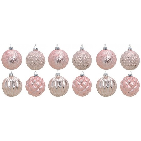 24x Roze glazen kerstballen met gouden design 8 cm