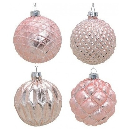 24x Pink glass Christmas balls with golden decoration 8 cm