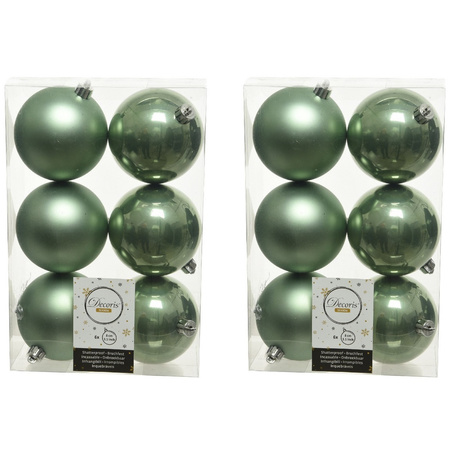 24x Sage green Christmas baubles 8 cm plastic matte/shiny