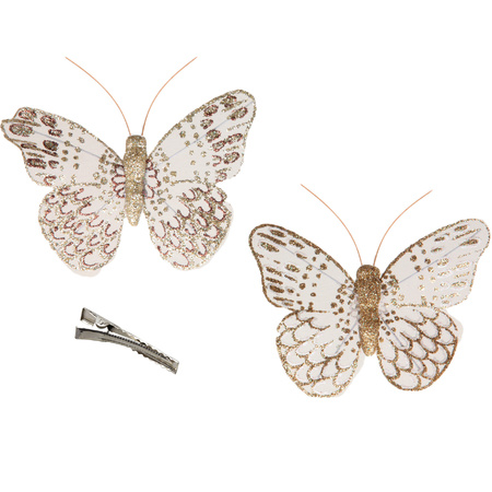 24x decoration gold glitter butterflies on clips 10 x 8 cm