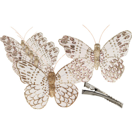 24x decoration gold glitter butterflies on clips 10 x 8 cm