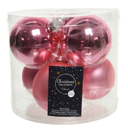 24x stuks glazen kerstballen lippenstift roze 8 cm mat/glans