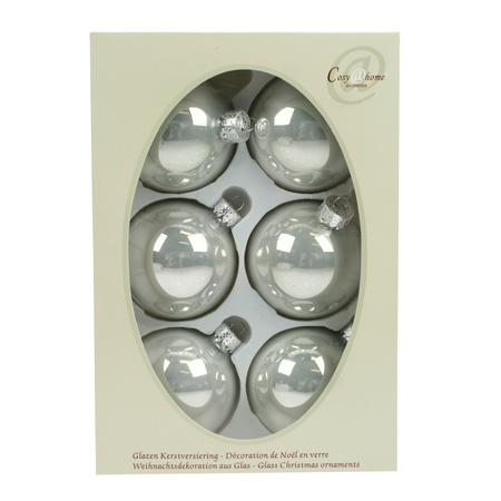24x Glass christmas baubles silver/white shiny 7 cm