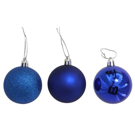 24x stuks kerstballen blauw mix van mat/glans/glitter kunststof 6 cm