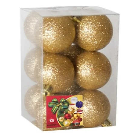 24x pieces christmas baubles glitters gold plastic 6 cm