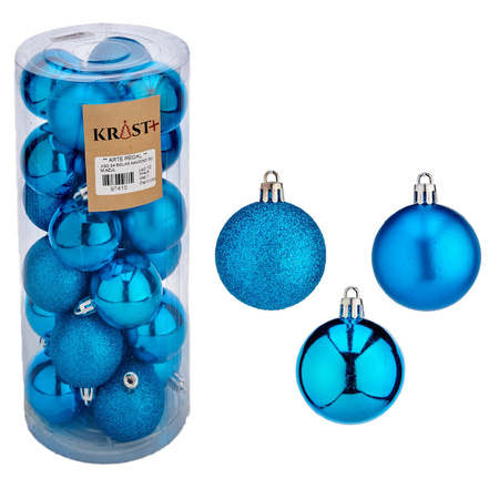 24x pieces christmas baubles clear blue plastic 5 cm