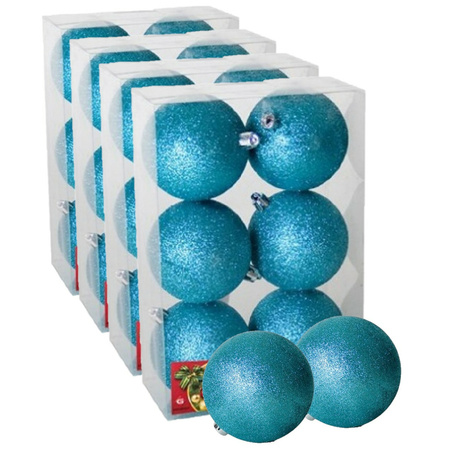 24x stuks kerstballen ijsblauw glitters kunststof 4 cm
