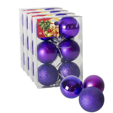 24x stuks kerstballen paars mix van mat/glans/glitter kunststof 4 cm