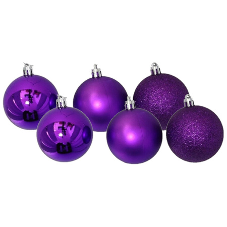 24x pieces christmas baubles mix matt/shiny/glitter purple plastic 6 cm