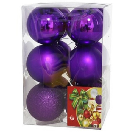24x pieces christmas baubles mix matt/shiny/glitter purple plastic 6 cm