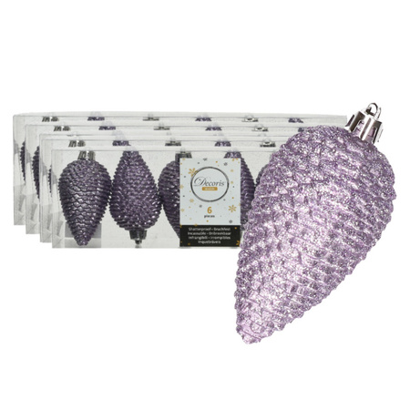 24x Glitter pinecones heather lilac purple plastic tree hangers 8 cm