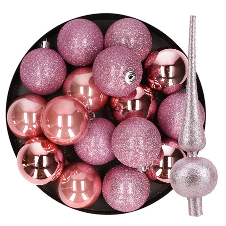 24x stuks kunststof kerstballen 6 cm inclusief glitter piek roze