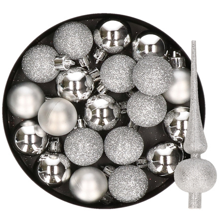24x stuks kunststof kerstballen 6 cm inclusief glitter piek zilver