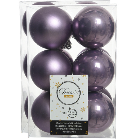 24x stuks kunststof kerstballen heide lila paars 6 cm glans/mat