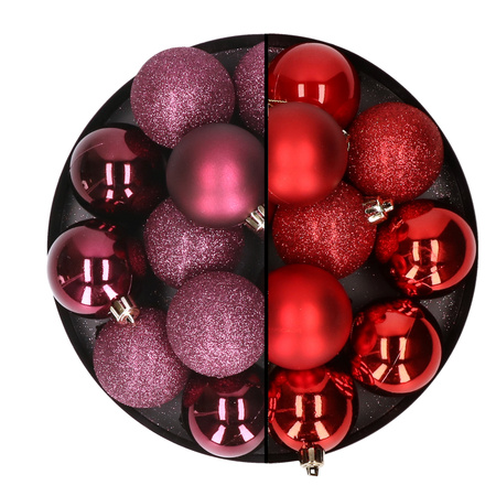 24x Christmas baubles mix aubergine and red 6 cm plastic matte/shiny/glitter
