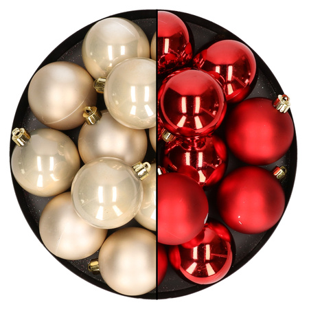 24x pcs plastic christmas baubles mix of champagne and red 6 cm