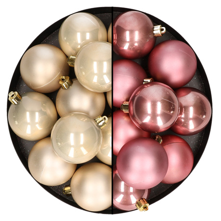 24x stuks kunststof kerstballen mix van champagne en velvet roze 6 cm