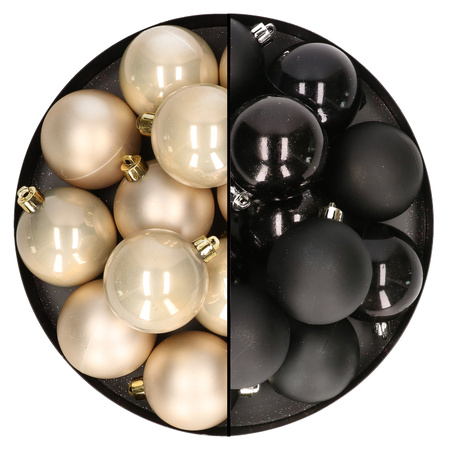 24x pcs plastic christmas baubles mix of champagne and black 6 cm