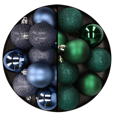 24x Christmas baubles mix dark blue and dark green 6 cm plastic matte/shiny/glitter