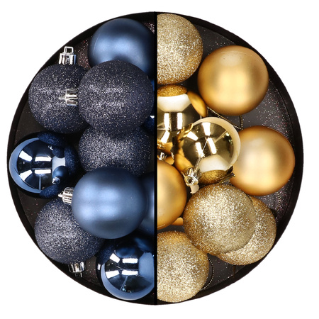 24x Christmas baubles mix dark blue and gold 6 cm plastic matte/shiny/glitter