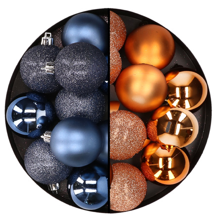 24x stuks kunststof kerstballen mix van donkerblauw en koper 6 cm