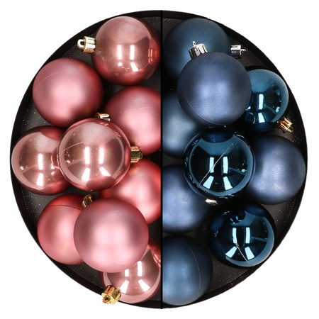 24x pcs plastic christmas baubles mix of dark blue and velvet pink 6 cm