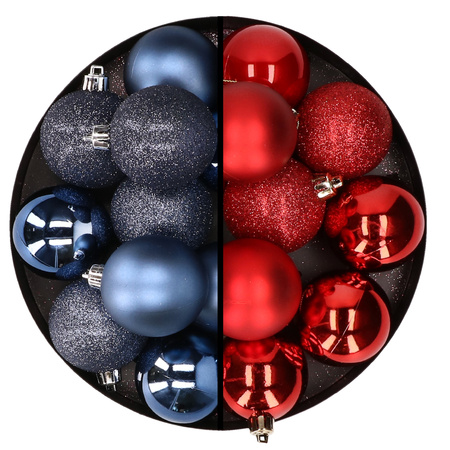 24x Christmas baubles mix dark blue and red 6 cm plastic matte/shiny/glitter