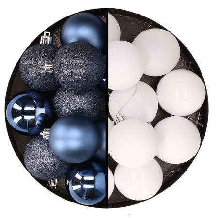 24x stuks kunststof kerstballen mix van donkerblauw en wit 6 cm