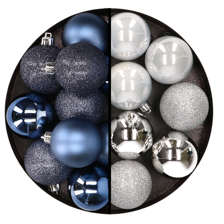 24x stuks kunststof kerstballen mix van donkerblauw en zilver 6 cm