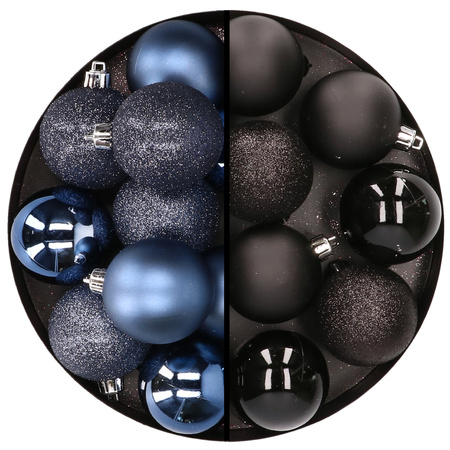 24x stuks kunststof kerstballen mix van donkerblauw en zwart 6 cm