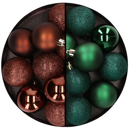 24x Christmas baubles mix dark brown and dark green 6 cm plastic matte/shiny/glitter