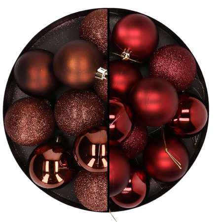 24x Christmas baubles mix dark brown and dark red 6 cm plastic matte/shiny/glitter