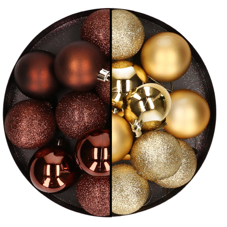 24x Christmas baubles mix dark brown and gold 6 cm plastic matte/shiny/glitter
