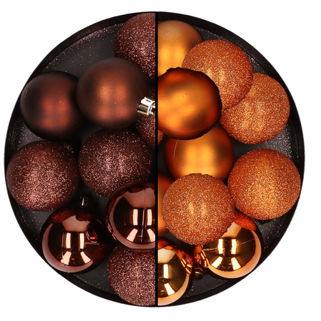 24x Christmas baubles mix dark brown and orange 6 cm plastic matte/shiny/glitter