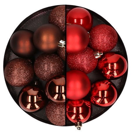 24x Christmas baubles mix dark brown and red 6 cm plastic matte/shiny/glitter